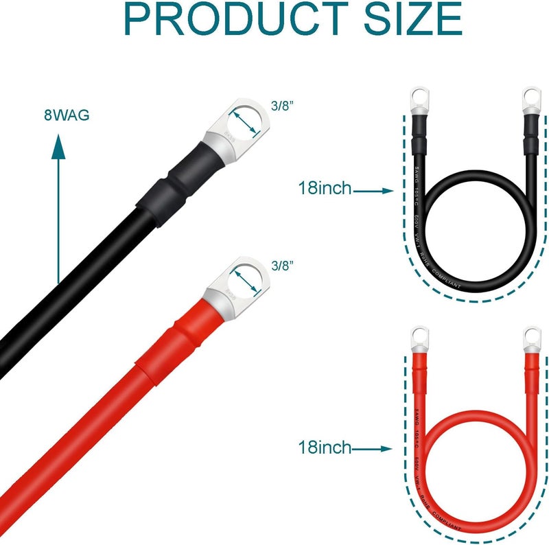 QIATOL كابل بطارية، كابلات بطارية 8 AWG مع أطراف، 2 قطعة كابلات بطارية نحاسية (18 بوصة) - Image 2